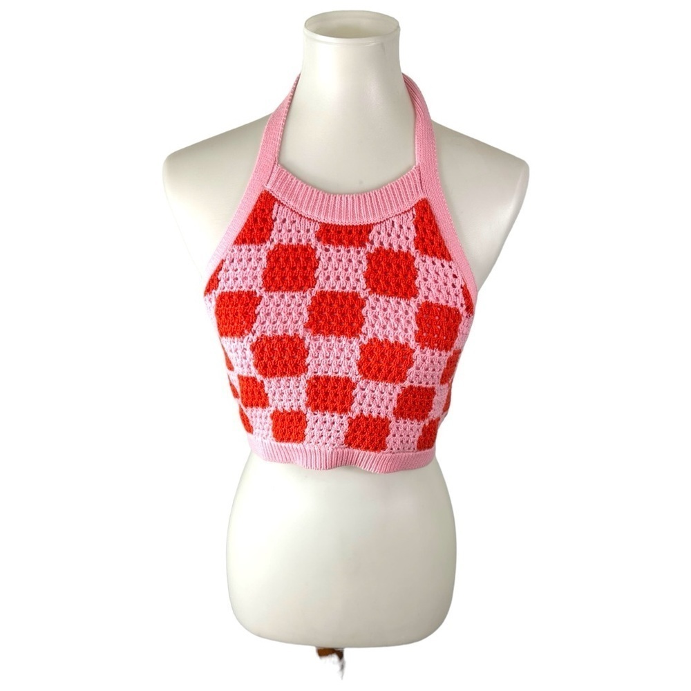 Promesa Checkerboard Crochet-Knit Tie-Back Halter Top Size Small - Picture 2 of 6